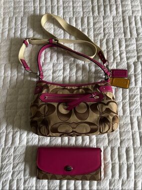 Coach Signature Canvas Crossbody Bag with Pink Trim and Matching Wallet